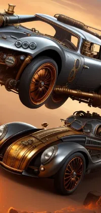 This phone live wallpaper showcases two retrofuturistic cars parked next to each other, featuring steampunk-inspired ornate designs with stunning 4K detail