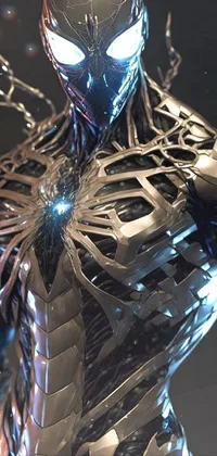 This live wallpaper features a close-up image of a silver spider-man statue in sleek metal armor