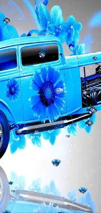 This live phone wallpaper showcases a magnificent blue car decorated with intricate blue flowers, set against a mesmerizing digital art background