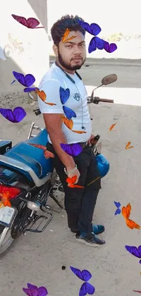 This live wallpaper depicts a shadar kai wearing a plumber uniform standing beside a blue motorcycle