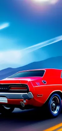 This live wallpaper features a stunning digital art of a red muscle car driving down a road, set against a background of majestic mountains looming in the distance