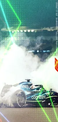 This live wallpaper boasts a stunning close-up of a sleek racing car emitting smoke