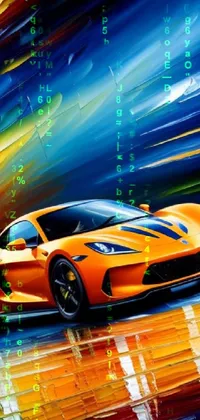 This live wallpaper showcases a dynamic orange sports car in motion, depicted in a neo-fauvist style with bold brushstrokes and vibrant colors