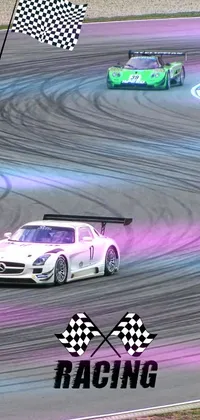 This live phone wallpaper showcases two fast cars driving on a race track in a spiral motion