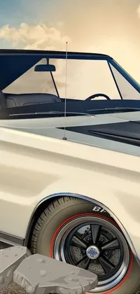 A stunning 3D rendered live wallpaper featuring a vintage white car parked on top of a sandy beach, with a touch of photorealism and soft color dodge effects