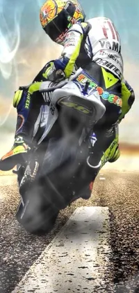 This live wallpaper depicts a motorcycle racing on a picturesque roadway