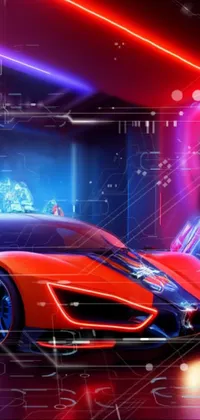 Looking for a cutting-edge and eye-catching live wallpaper for your phone? This retrofuturistic design features a stunning red and black sports car set against a sleek, neon-lit room
