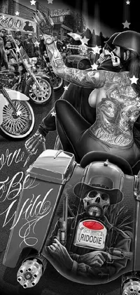 This phone live wallpaper showcases a striking black and white photo of a woman riding a motorcycle through a futuristic city