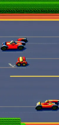 This phone live wallpaper showcases a collection of vintage cars racing down a road in a yellow and red pixel art scheme