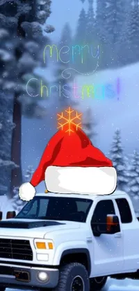 This phone live wallpaper features a festive truck with a Santa hat driving through a snowy landscape