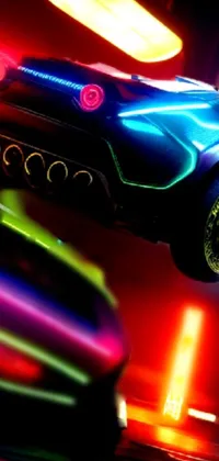 This live wallpaper features a flying car with colorful neon lights and a cyberpunk art style