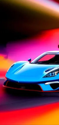 This phone live wallpaper showcases a high-speed blue sports car, rendered in 3D, driving down a road