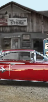 This phone live wallpaper features a striking red car parked in front of an old-fashioned gas station set in a picturesque countryside