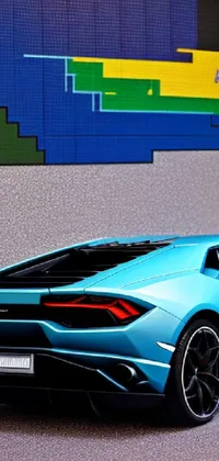 This phone wallpaper features a brilliantly detailed blue sports car parked in front of a building backdrop, with pixel art designs