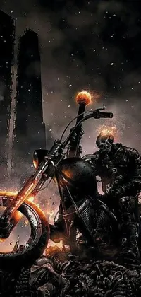 Get ready for a thrilling phone wallpaper! This live wallpaper displays a ferocious motorcyclist riding on rubble, with a menacing flaming skull in the background