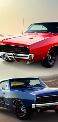 This dynamic phone live wallpaper depicts two muscle cars, one red and one blue, parked side by side on a desert road