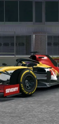 Get ready for an exciting new live wallpaper featuring a bold red and yellow race car parked in a lot