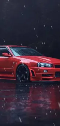This phone live wallpaper showcases a stunning red car parked in the rain