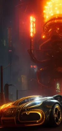 This futuristic live wallpaper features a cyberpunk-inspired car driving on a city street at night