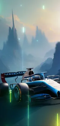 This phone live wallpaper features a high resolution racing car on a mountainous road with dynamic lighting effects