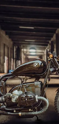 Experience a stunning, edgy live wallpaper for your phone with a photorealistic cinematic render of a vintage BMW motorcycle parked inside of an urban building