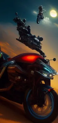 This live wallpaper boasts an epic sci-fi concept art, depicting a motorcycle speeding through the sky