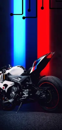 This phone live wallpaper showcases a vibrant image of a motorcycle parked against a striking red, white, and blue striped wall, with extreme backlighting enhancing the dramatic effect