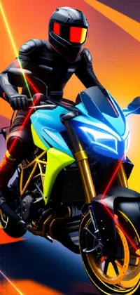 This phone live wallpaper features a high-quality vector art design of a man riding a blue and yellow motorcycle