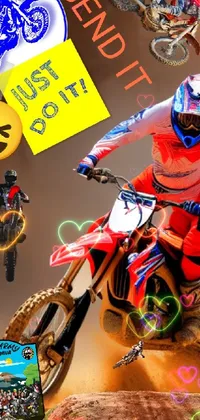 This live phone wallpaper showcases a man riding a dirt bike through a track, depicted in an exquisite process art-style Photoshop collage that boasts bold brown, red, and blue colors