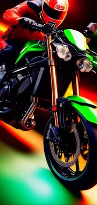 This live wallpaper features a vibrant digital rendering of a green motorcycle with orange neon stripes and captivating lighting