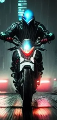 This live wallpaper features a sleek motorcycle cruising through a bustling city at night