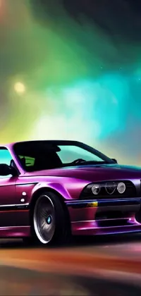 This phone live wallpaper features a striking painting of a purple car driving through a bustling city street in a neochrome color scheme