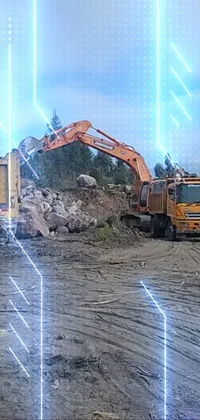 This phone live wallpaper depicts a dusty construction site with a couple of parked trucks and a robot adding a touch of futuristic technology to the scene