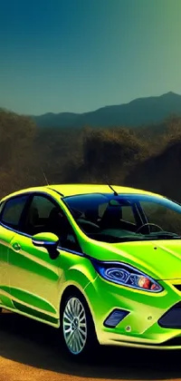 This phone live wallpaper features a stunning digital rendering of a green Ford Fiesta parked on a picturesque dirt road