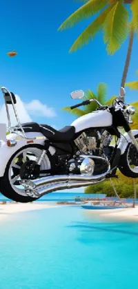 This stunning phone live wallpaper showcases a white motorcycle parked on a sandy beach against a tropical backdrop