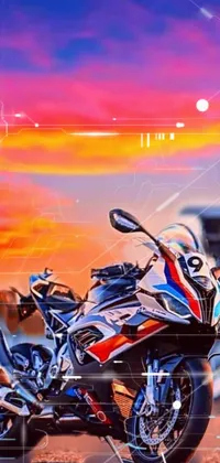 This phone live wallpaper features a stunning motorcycle parked in a sunset-lit parking lot