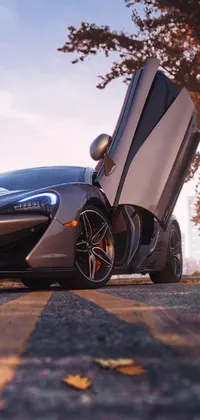 This live wallpaper depicts a mesmerizing silver sports car parked alongside a beautiful road