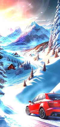 This phone live wallpaper showcases a vibrant digital painting of a red car driving down a snowy road