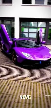 Looking for an exciting phone wallpaper that's sure to turn heads? Check out this dynamic live wallpaper featuring a purple sports car parked in front of a striking building