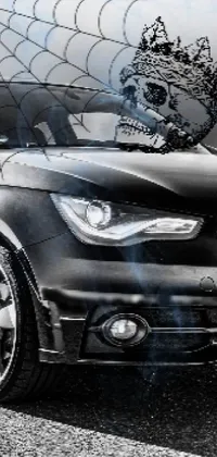 This phone live wallpaper is a striking depiction of an automobile rendered in black and white