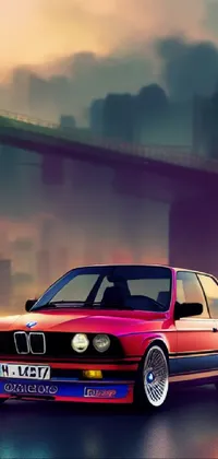 Get the ultimate phone live wallpaper, featuring a stylish car racing through a bustling city street with a stunning bridge in the background