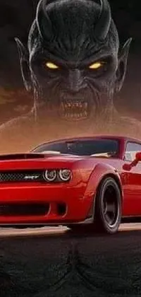 Introducing a striking live wallpaper featuring a bold red car parked in front of a fearsome demon