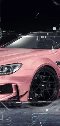 This live phone wallpaper displays a striking image of a pink-colored car parked within a dark room setting