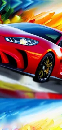Take your phone screen to the next level with this stunning live wallpaper! A vibrant red sports car, skillfully painted in a contemporary concept art style, is speeding on a racetrack