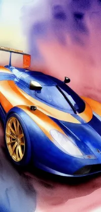 This dynamic phone live wallpaper showcases a vibrant digital painting of a blue and orange race car