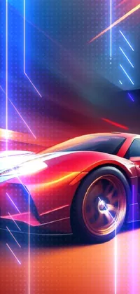 This live wallpaper features a red sports car driving on a racetrack surrounded by an orange and red glow