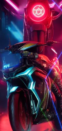 This phone wallpaper is a cyberpunk lover's dream, featuring a close-up of a stylish motorcycle covered in neon lights