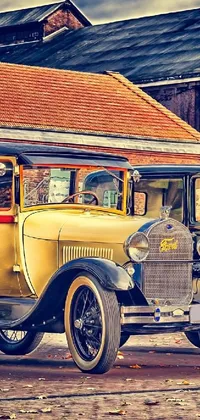 This phone live wallpaper depicts two vintage 1920s Ford cars parked in an autumnal scene