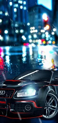 Elevate your phone's background with this vividly realistic live wallpaper featuring a sleek car parked in the rain on a city street