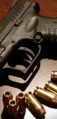 This phone live wallpaper portrays a detailed digital rendering of a gun and bullet shells arranged on a wooden table close up